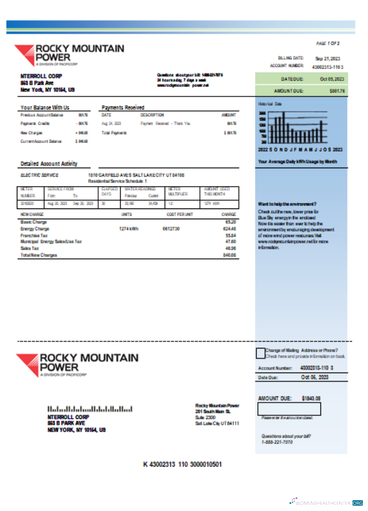 Download Rocky Mountain Power electricity utility business bill, SCR Photoshop template